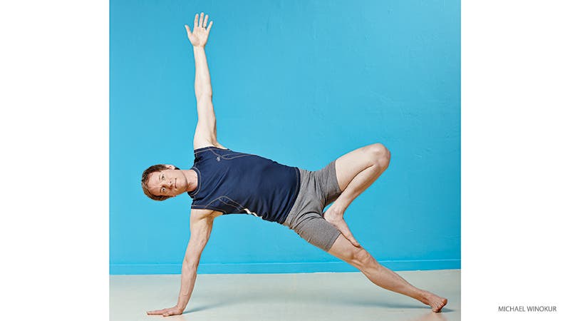 jason crandell, side plank with tree leg variation pose, vasistasana