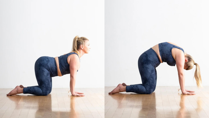 A pair of photos showing a woman in blue tie-dyed tights and matching crop top practicing Cow Pose and Cat Pose. She is kneeling on a wood floor with a while wall behind her.