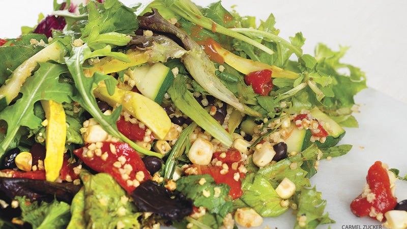 Grilled Summer Salad with Black Beans and Cocoa Chili Dressing