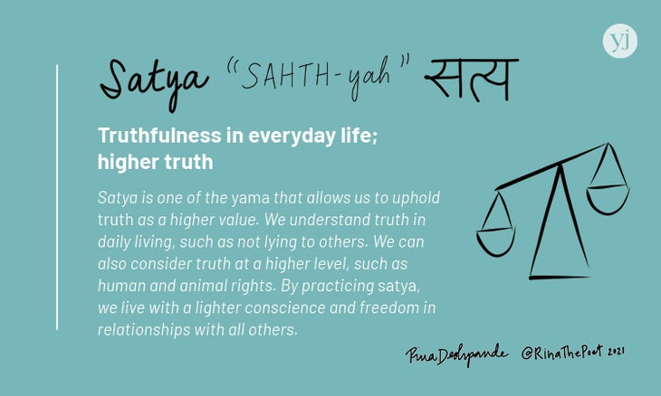 An illustrated card with the definition of the Sanskrit word "Satya"