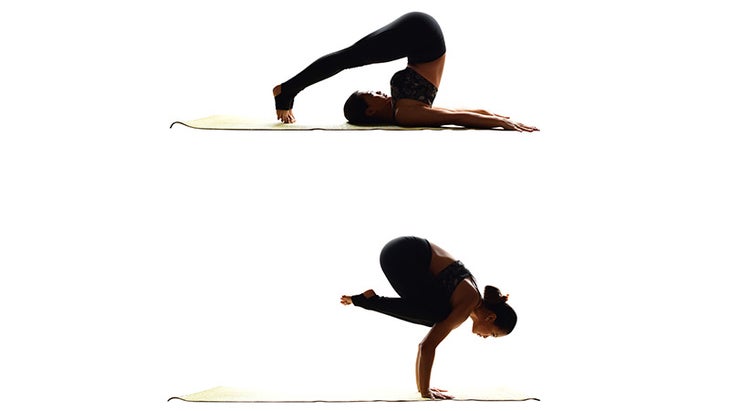 Two Fit Moms in Plow to Crow Pose, halasana to bakasana