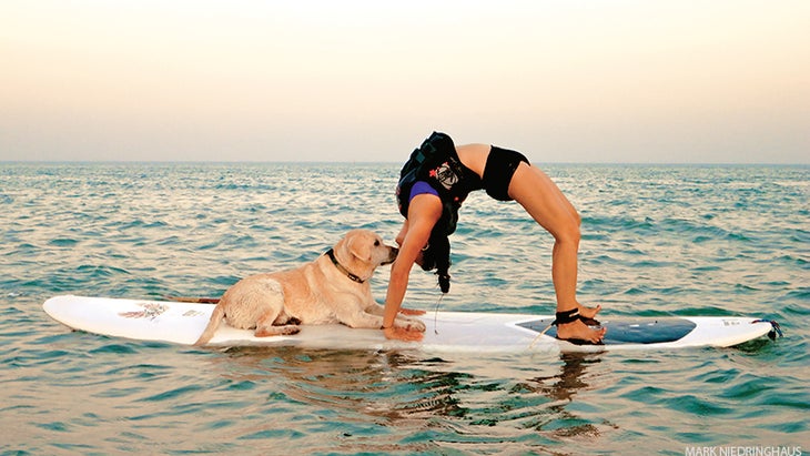 Premium Photo  Young woman doing yoga on sup board with paddle. yoga pose,  side view - concept of harmony with the nature, free and healthy living,  freelance, remote business.