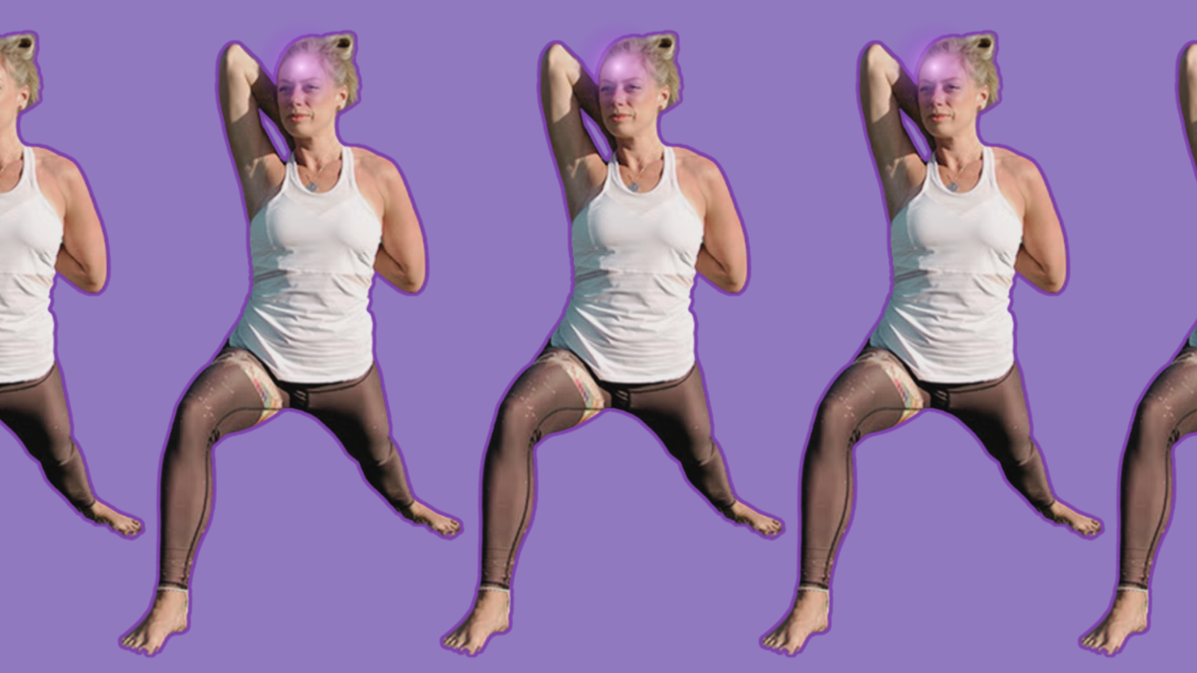 Yoga teacher Seane Corn in Warrior 1, part of her flow to help you learn to trust your intuition