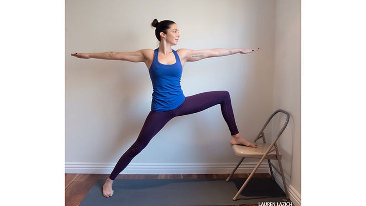 prenatal yoga with chair warrior II karly treacy