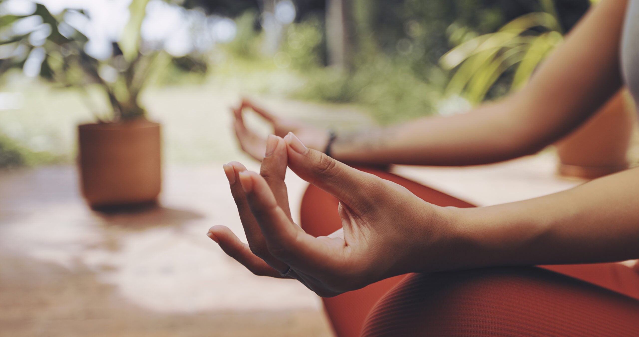 Close-up of woman's hands doing mudra.