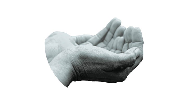 Isolated interlace fingers of both hands and extending up one finger  forming Linga Yoga mudra on white background. Horizontal shot. Stock Photo