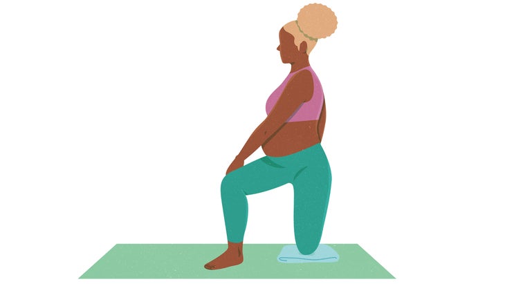 An illustration of a pregnant woman moving through Gate Pose in yoga