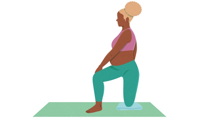 An illustration of a pregnant woman moving through Gate Pose in yoga 