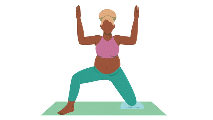 An illustration of a pregnant woman moving through Gate Pose in yoga 