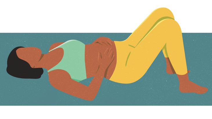 An illustration of a woman lying on her back with her hands on her belly and her feet on the floor