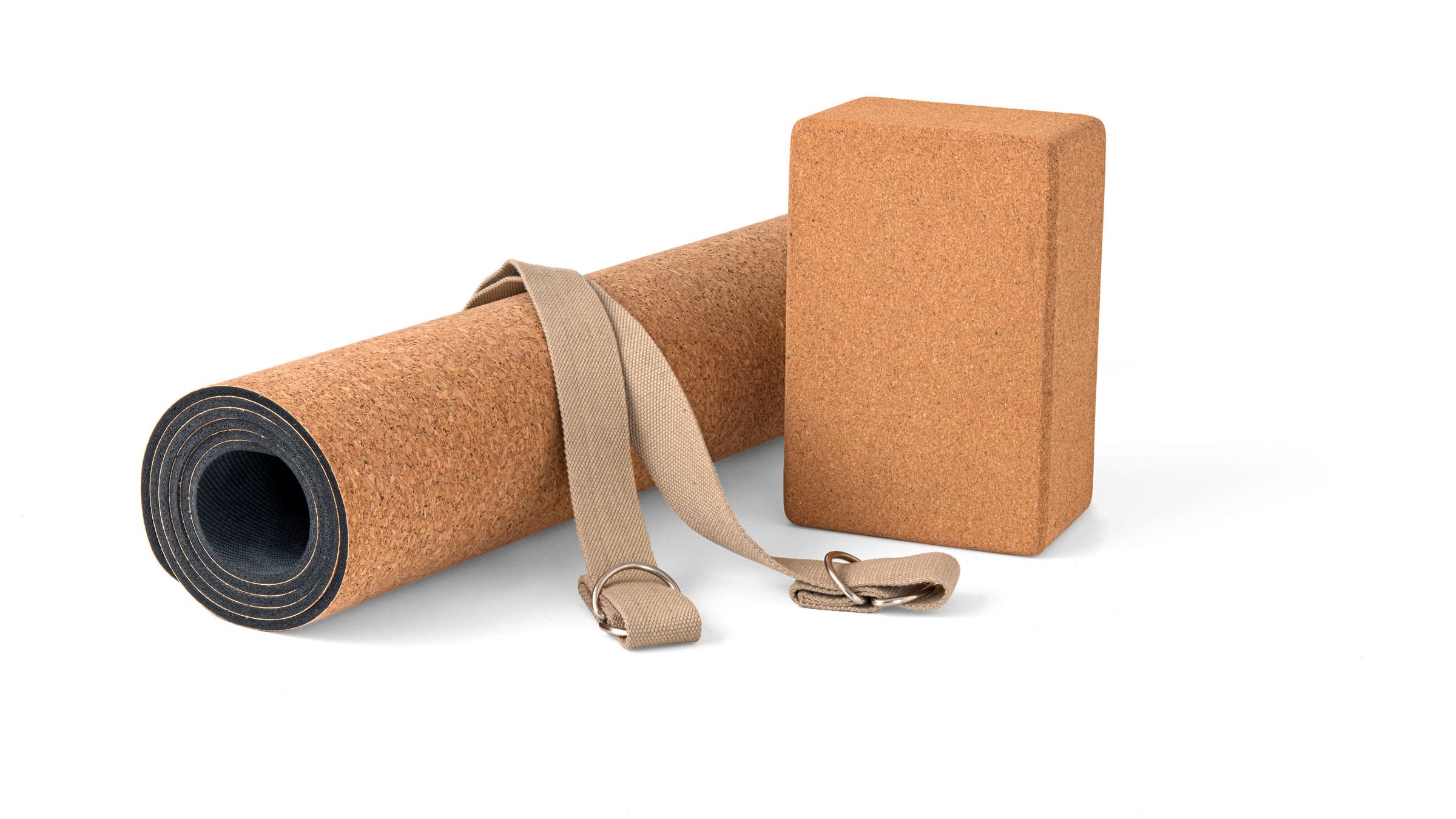 Yoga props, including a mat, strap, and block
