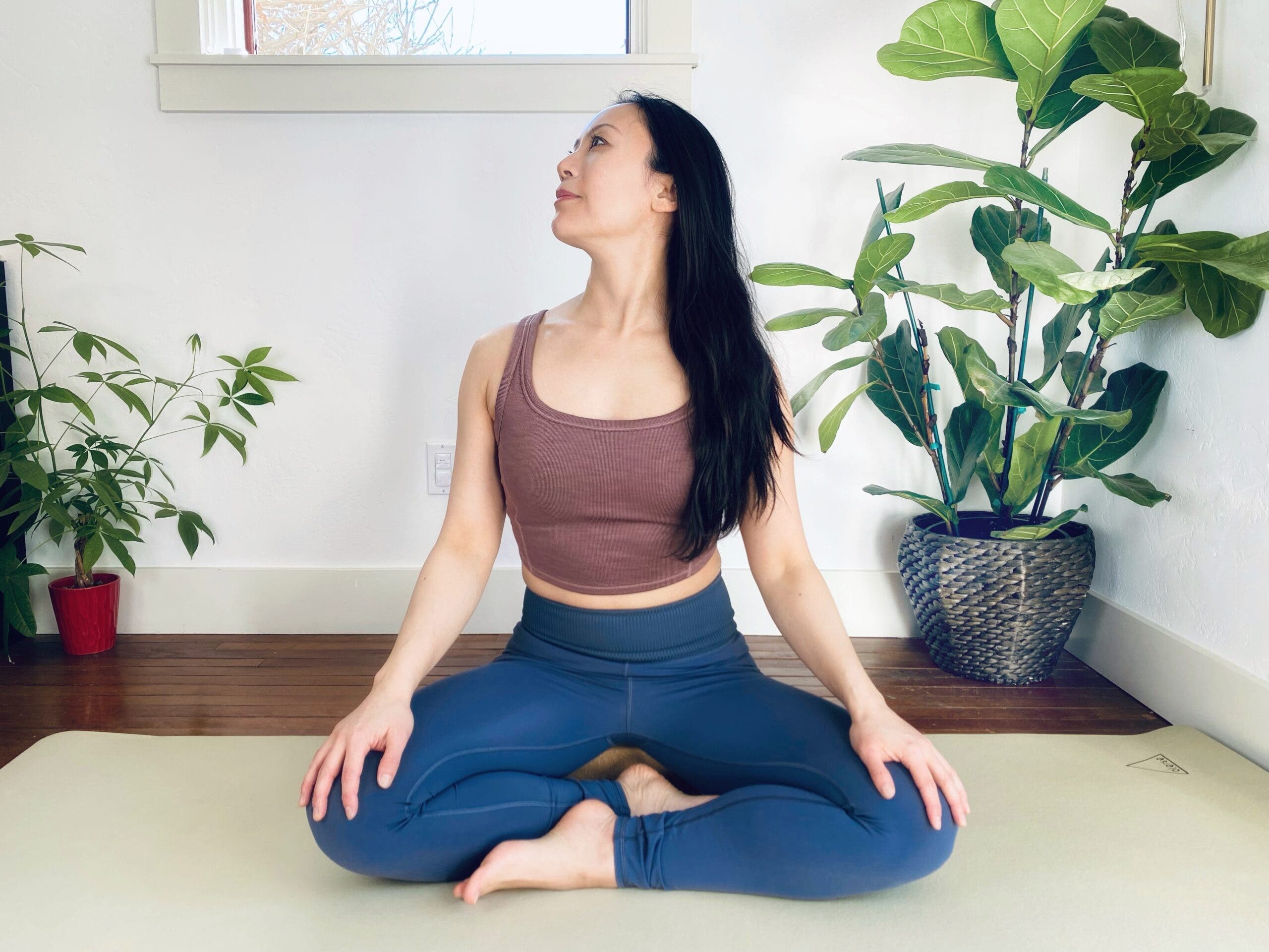 Asian woman in brown top and blue tights sits in Easy Pose doing a neck stretch looking to the right. White background with plants.
