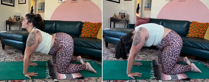 A person practices a Cat-Cow with a flipped grip in yoga