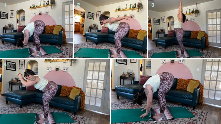 A series of images shows a person in a forward bend in yoga