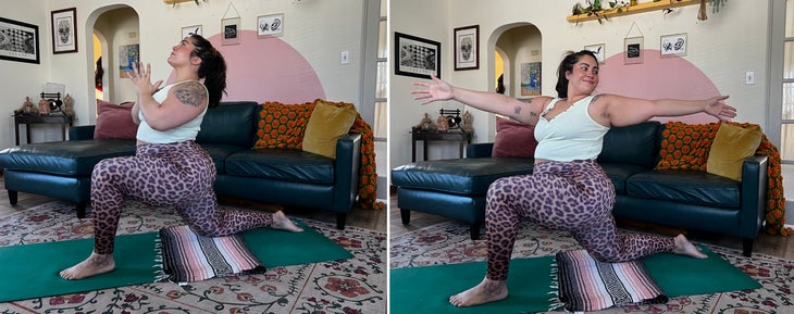 A person demonstrates a low lunge with a twist in yoga