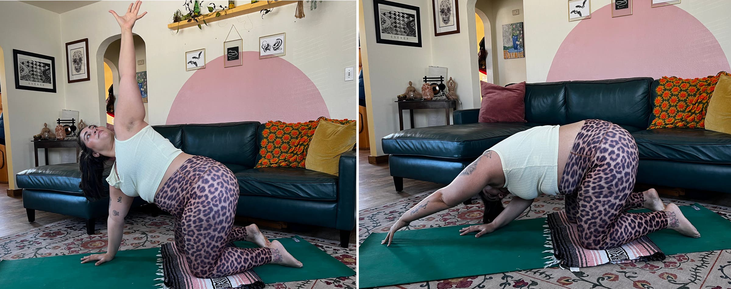 A person demonstrates a twisting heart opening yoga posture from Tabletop