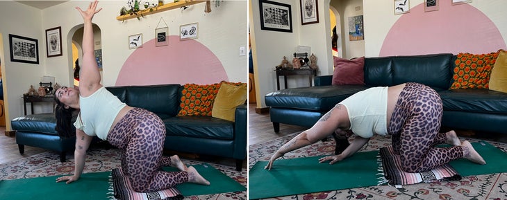 A person demonstrates a twisting heart opening yoga posture from Tabletop