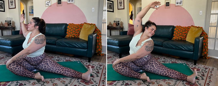 A person demonstrates a twisting sidebend in yoga