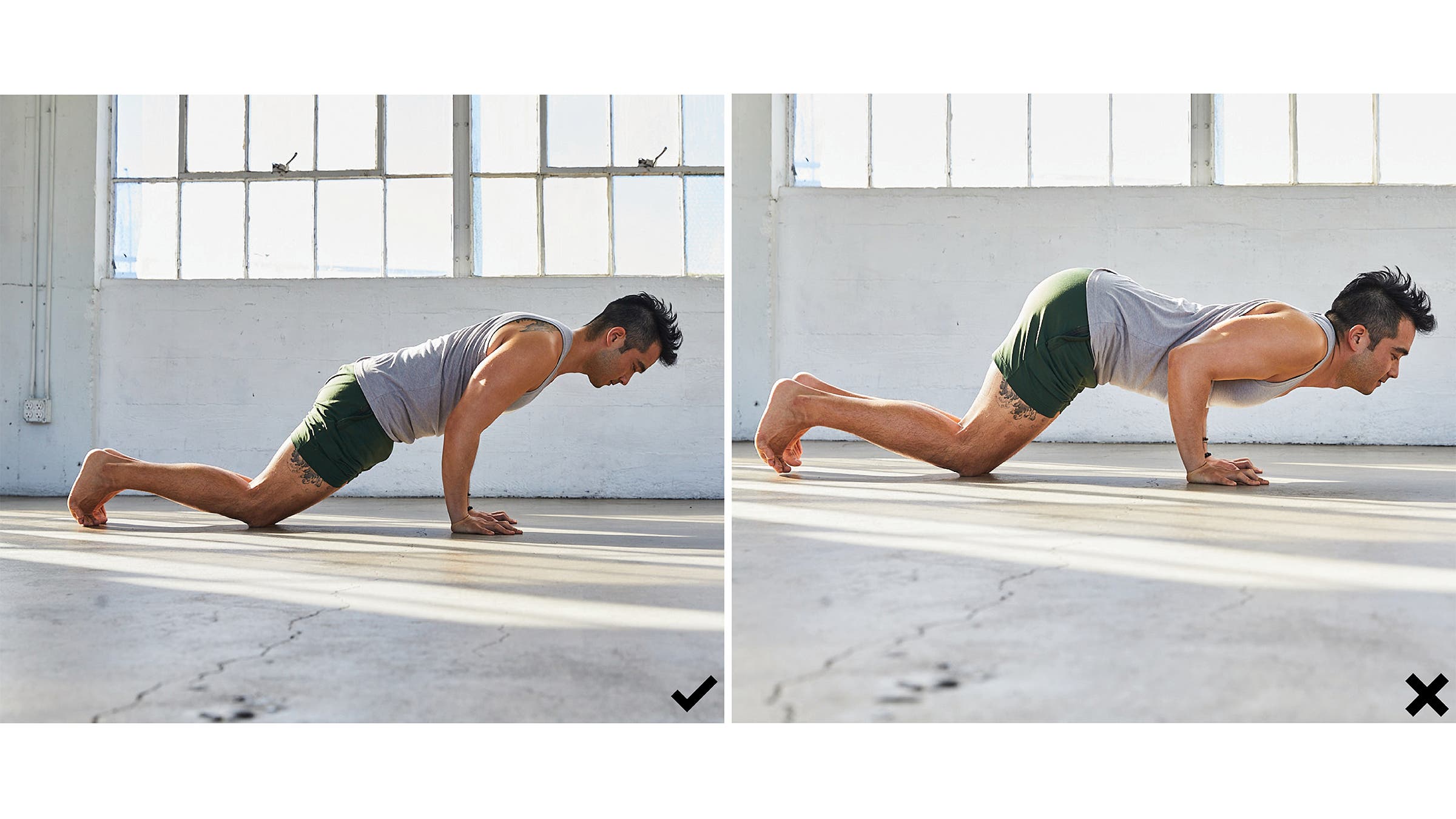Hiro showing proper and improper Half Chaturanga