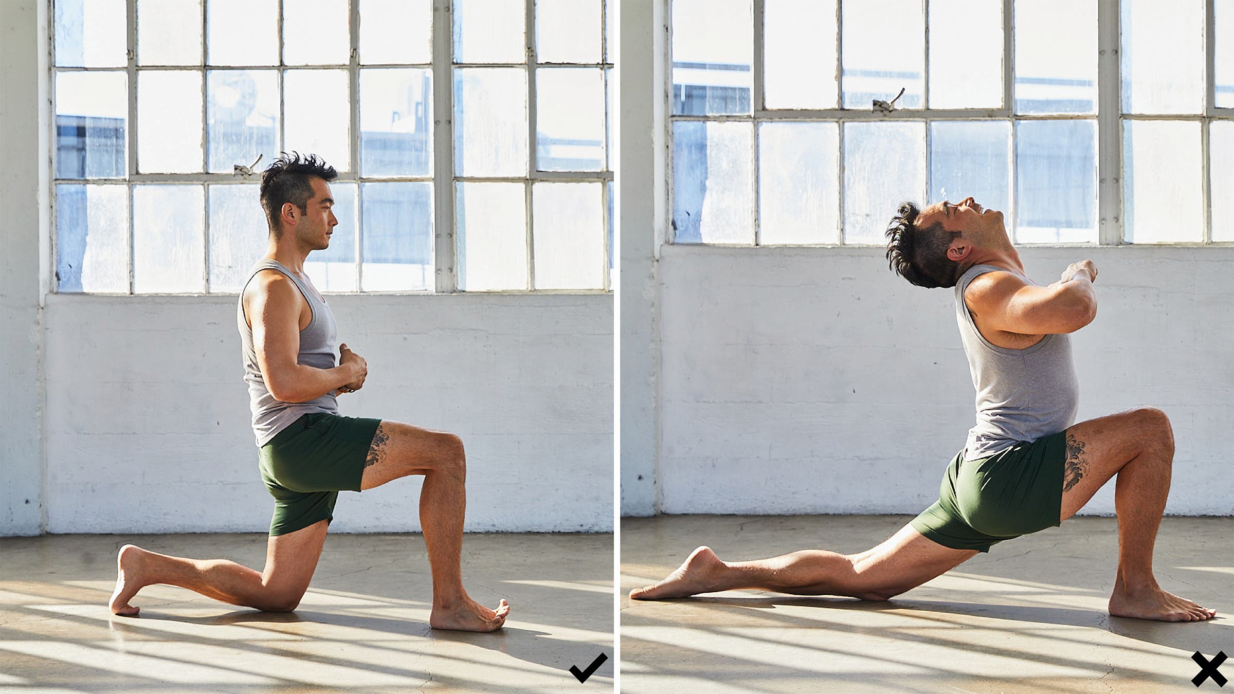 Hiro showing proper and improper low lunge