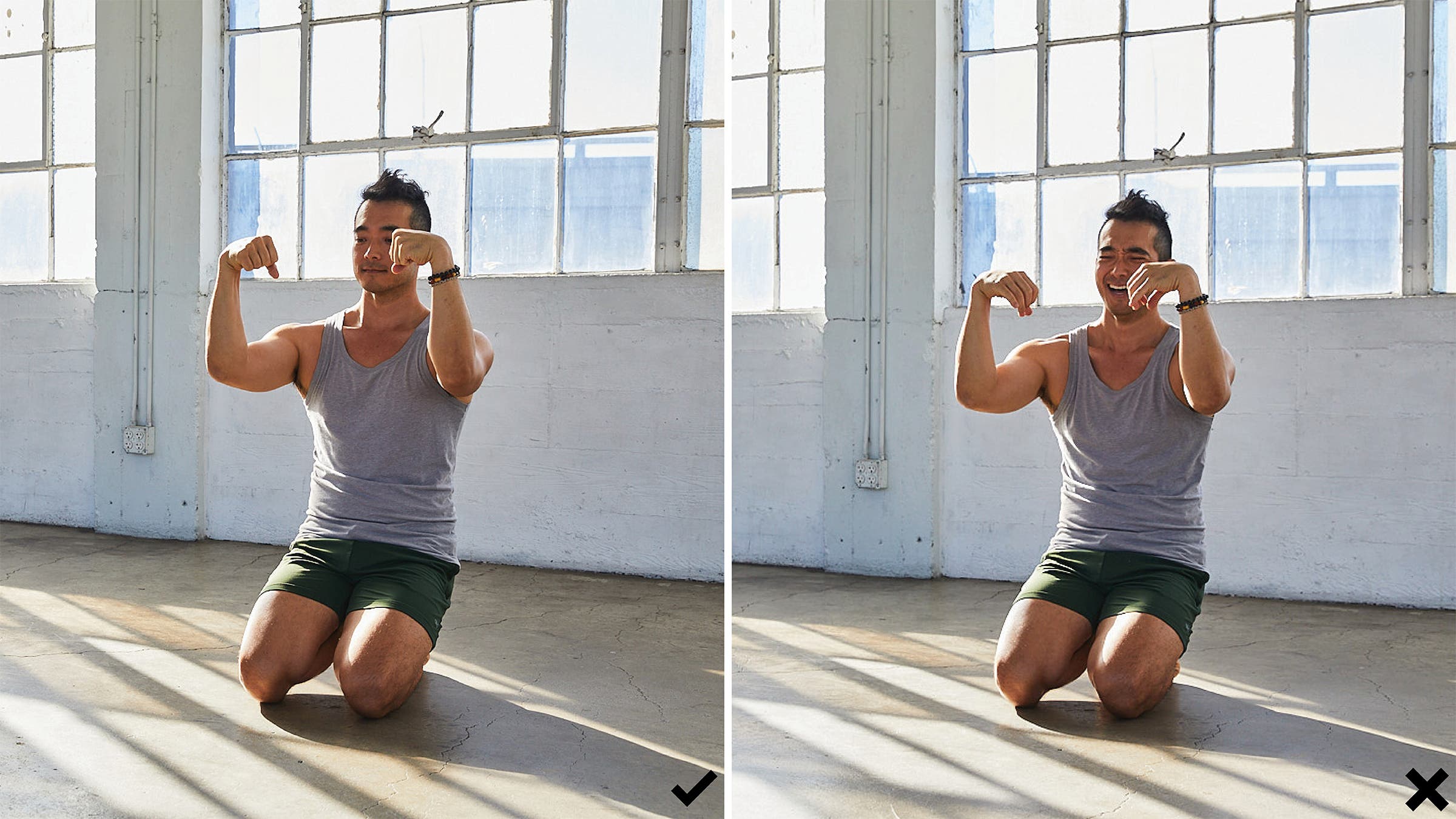 Hiro demonstrating proper and improper wrist flexor curls