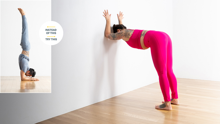 Hiro in Pincha Mayurasana; Soozie practicing Half Forward Fold against the wall with her hands and forearms at the wall