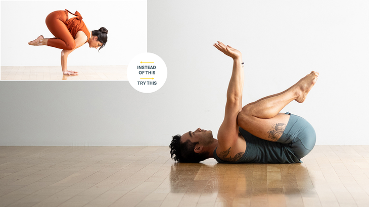 Inset: Woman with dark hair practices Crow Pose. Man with dark hair does a variation of Crown lying on a wood floor, arms extended up and knees pulled in to his chest.