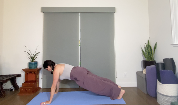 A woman with dark hair practices plank pose. She is wearing purple pants and a gray tank, and she's extended on a blue yoga mat