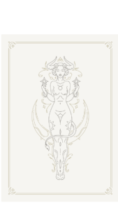 Full illustration of goddess of Taurus atop the bull symbol of Taurus