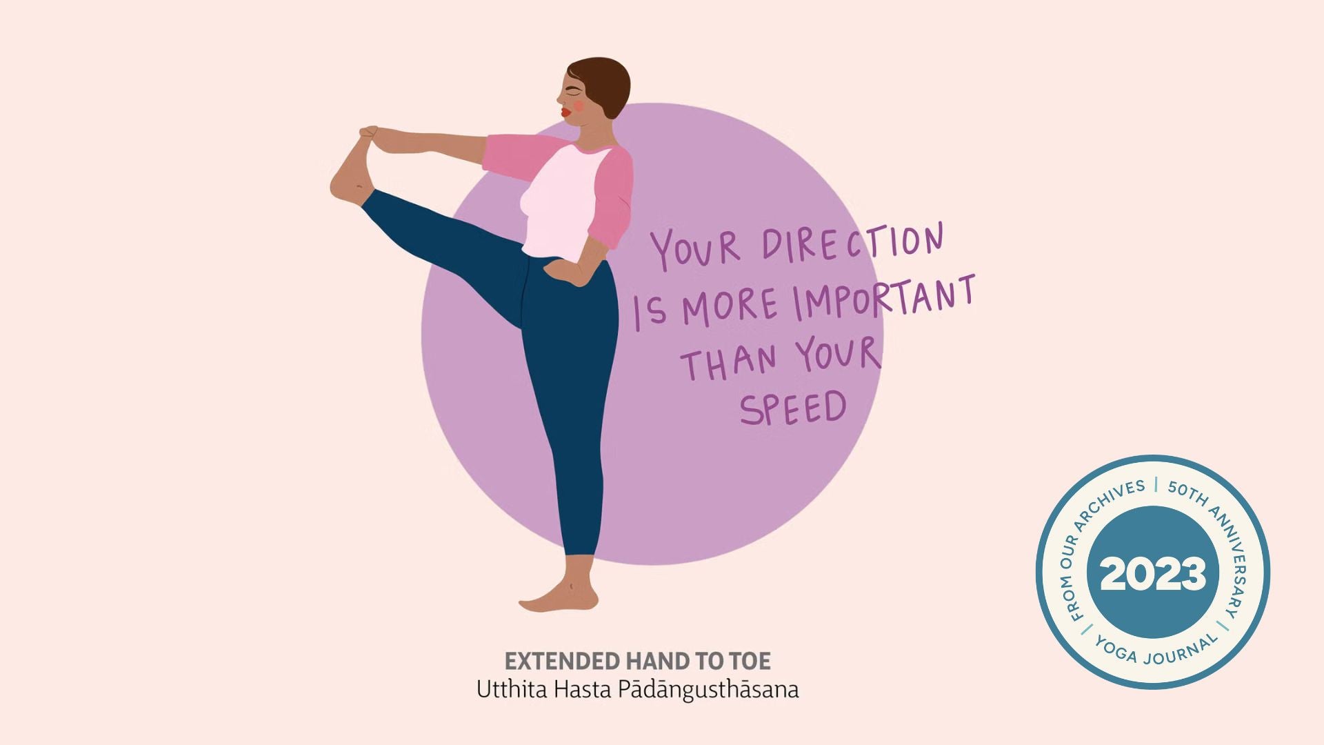 Illustration of woman in Extended Hand to Big Toe Pose with pink and purple background.