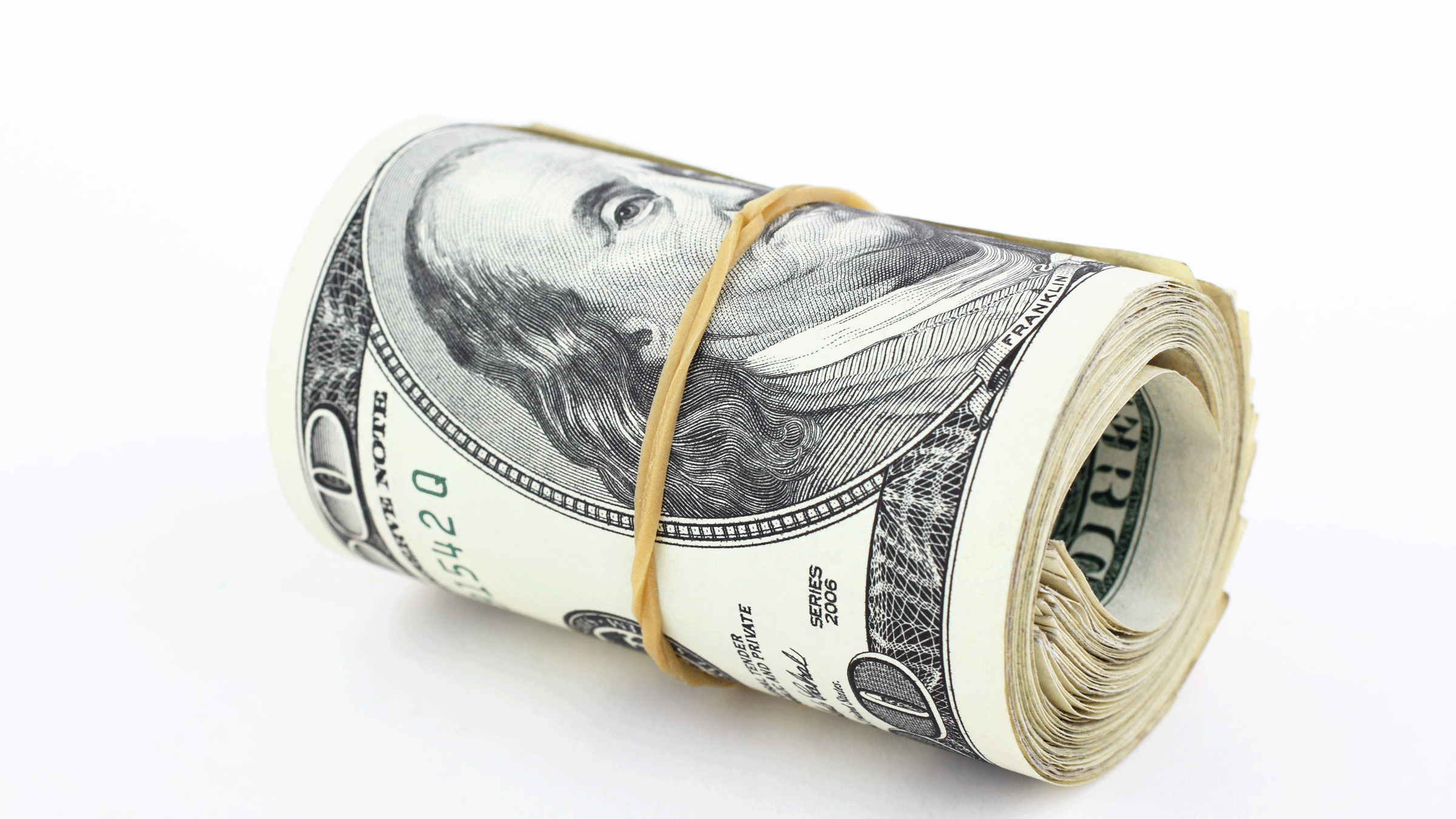 A roll of hundred dollar bills secured with a rubber band that resembles a yoga mat