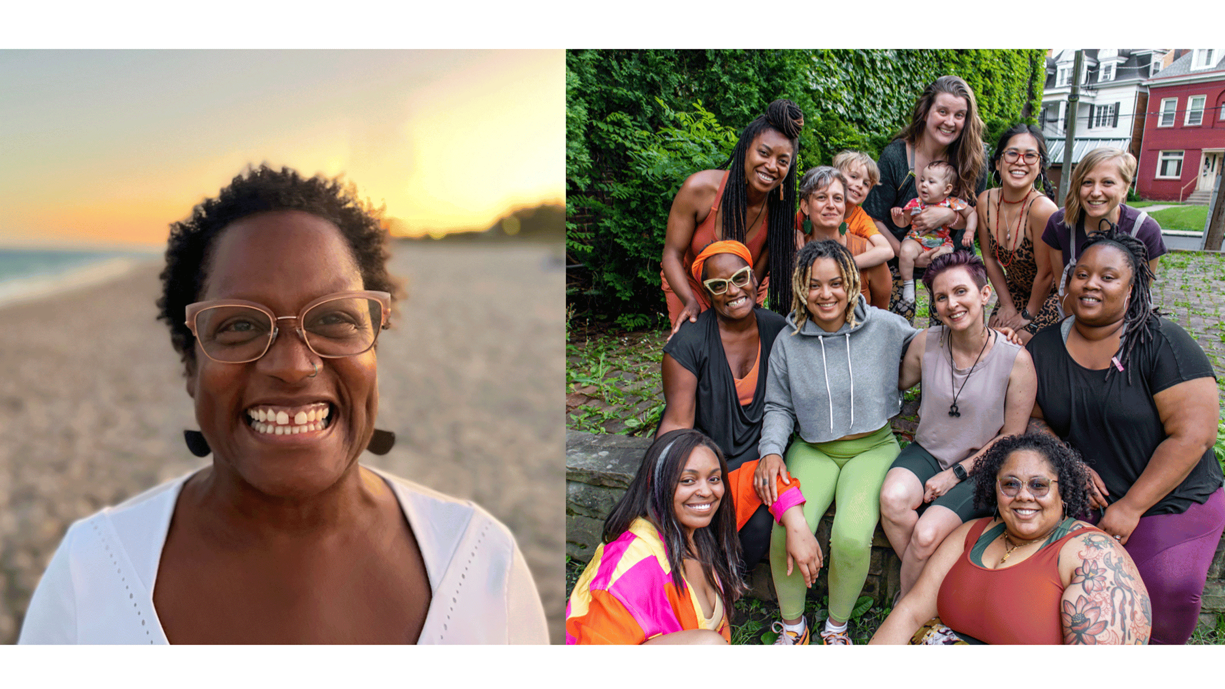 Image of the founder of Yoga Roots on Location, a social justice yoga teacher training, and a graduating group of yoga teachers