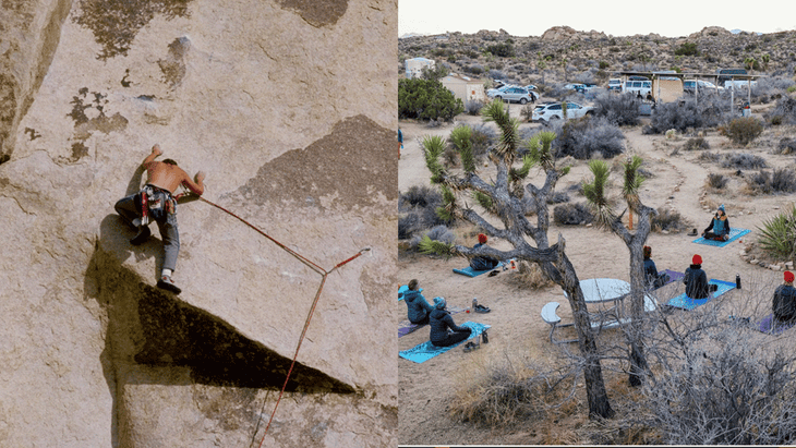 A man climbs a rock wall in Joshua Tree and yoga students on yoga mats in the desert