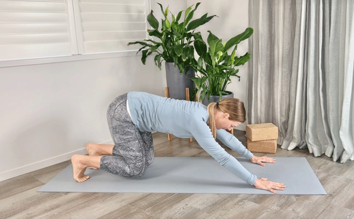 A woman practices plank pose on a yoga mat in a bent-knees version