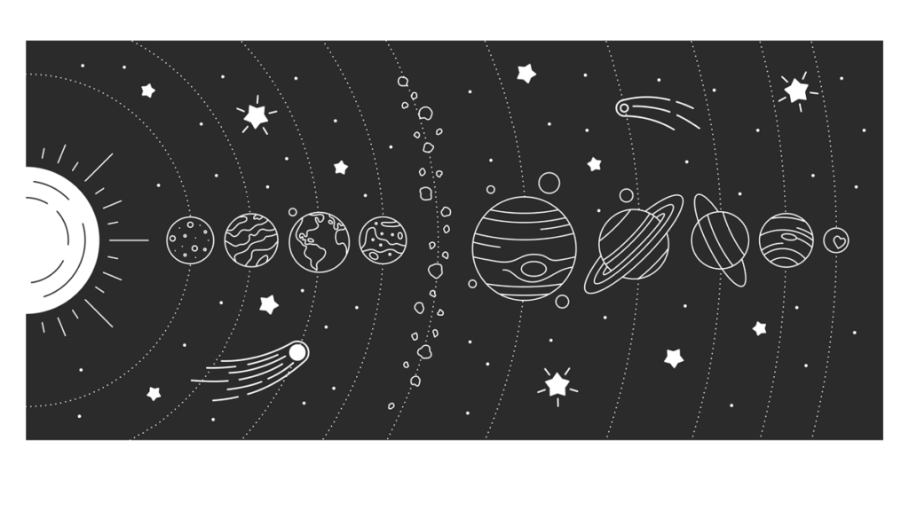 Illustration of the planets and the asteroid belt, including Pluto