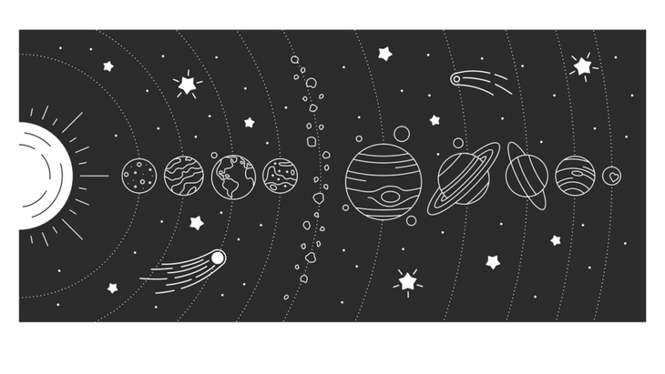 Illustration of the planets and the asteroid belt, including Pluto
