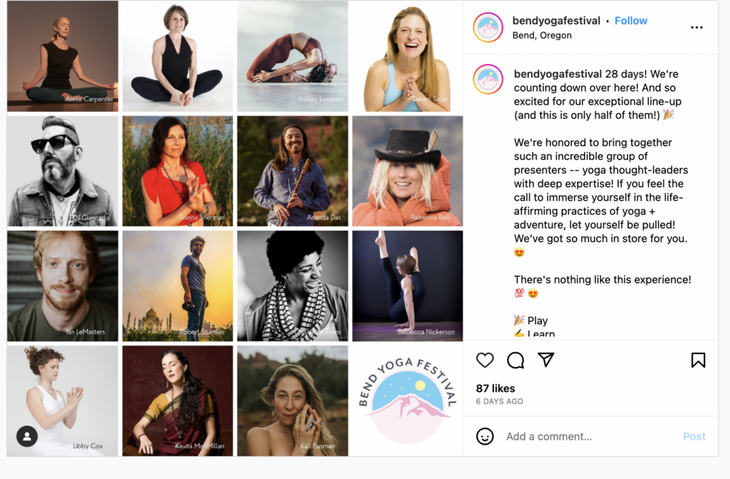 An Instagram post from the Bend Yoga Festival 2023