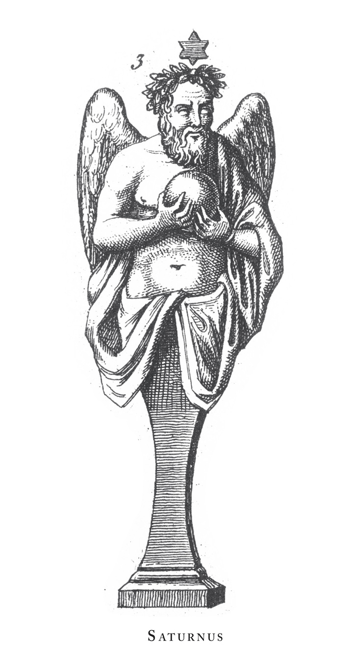 A black-and-white illustration of the Roman god Saturnus, the namesake for the planet Saturn