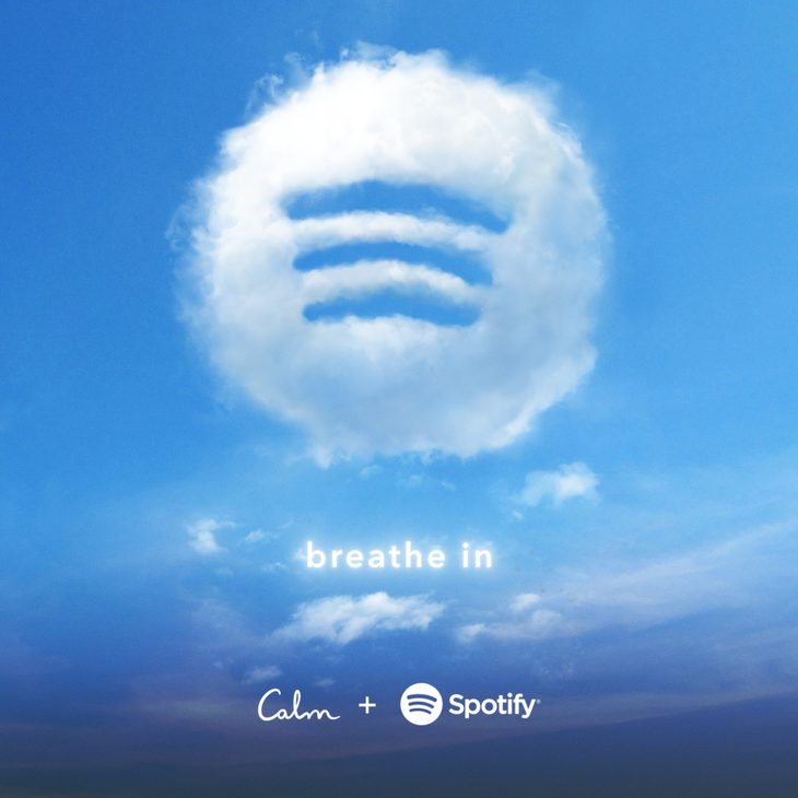 A calm cloud logo on a blue background with Spotify's three-line logo