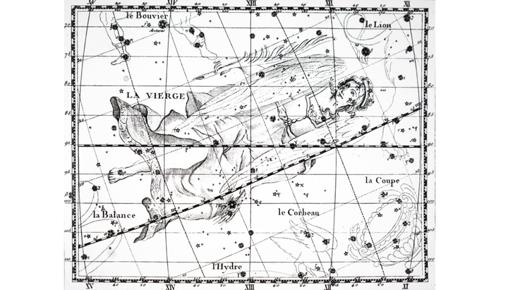 A vintage illustration of the constellation Virgo in the shape of a maiden in celebratino of Virgo season 2024