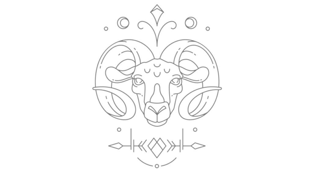 An illustration of the fire sign of Aries, depicted by its symbol or glyph and the characteristic ram.