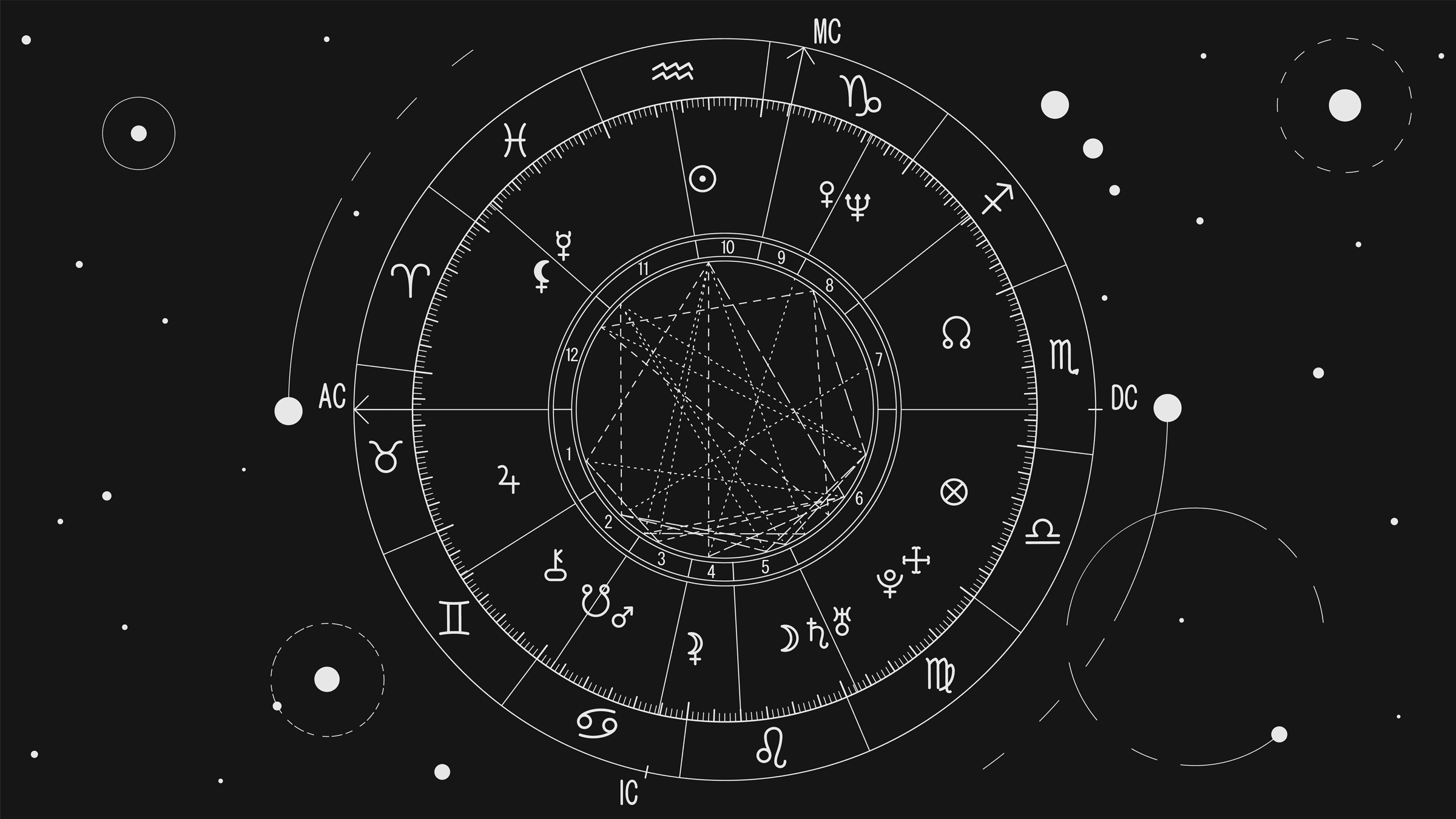 An illustration of a birth chart including the north node and south node in the zodiac circle