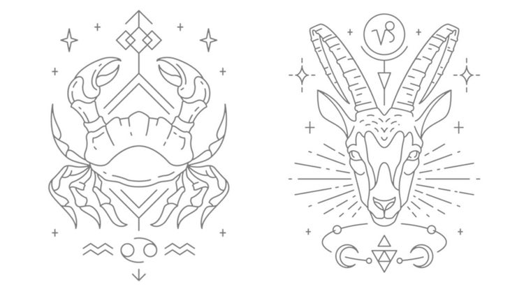 Illustrations of the opposite signs of Cancer and Capricorn, which fall along the same axis of the astrological zodiac wheel