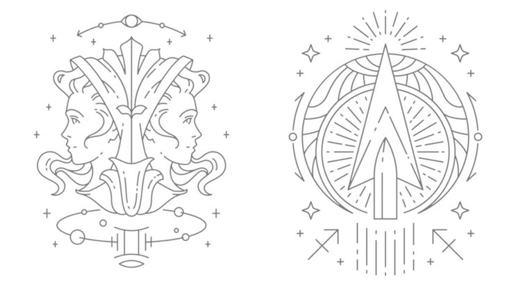 The illustrated signs and symbols of Gemini and Sagittarius, which are opposite signs in astrology
