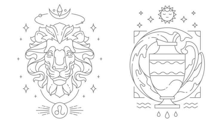 The astrological glyphs, or symbols, for the opposite signs in astrology of Leo and Aquarius, which fall along the same axis in the zodiac wheel