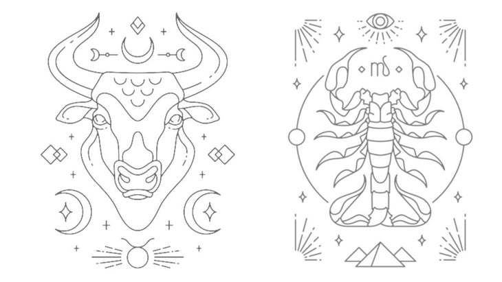 Illustration of the astrological signs of Taurus and Scorpio, which are earth and water, respectively.