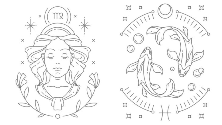 Astrological glyphs, or symbols, and artistic renderings of the zodiac signs Virgo and Pisces