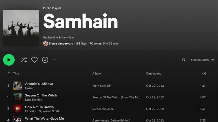 Halloween playlist on Spotify titled "Samhain," for the ancient pagan celebration