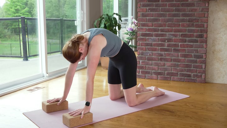 Woman kneeling on a yoga mat with her hands on blocks in Cat Pose