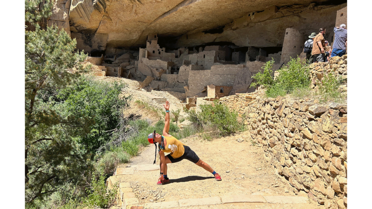 Founder of Native Strength Revolution practicing yoga near a kiva, or sacred ceremony space, from her Pueblo culture